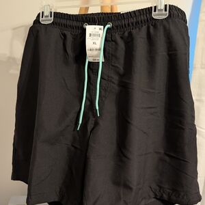 Men's Black Swim Shorts with Teal Drawstring - Unbranded